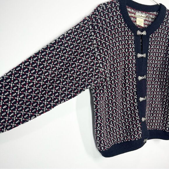 VTG 90s L.L. Bean Wool Blend Nordic Birdseye Silver Clasp Cardigan Sweater M - Picture 2 of 14
